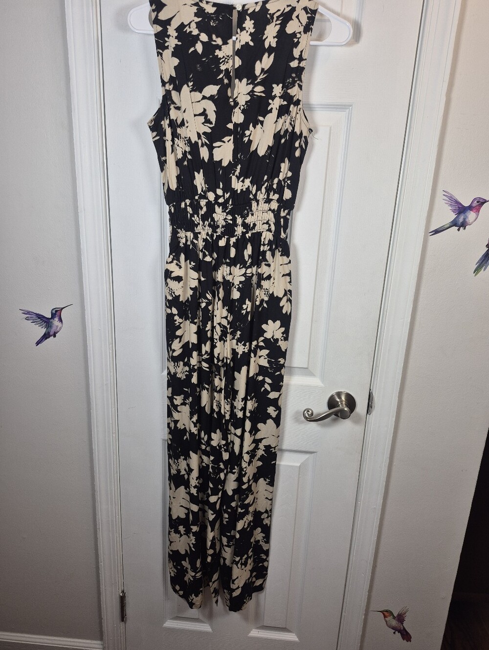 GAP Floral Wide Leg Jumpsuit Black Cream Smocked Waist XS - Picture 3 of 4
